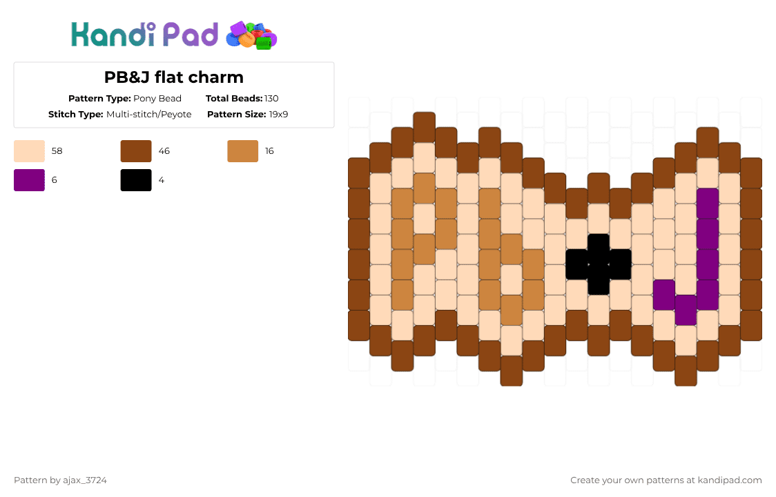 PB&J flat charm - Pony Bead Pattern by ajax_3724 on Kandi Pad - pbj,charm,text,peanut butter,jelly,pb&j,sandwich,flat charm,food,beige,red