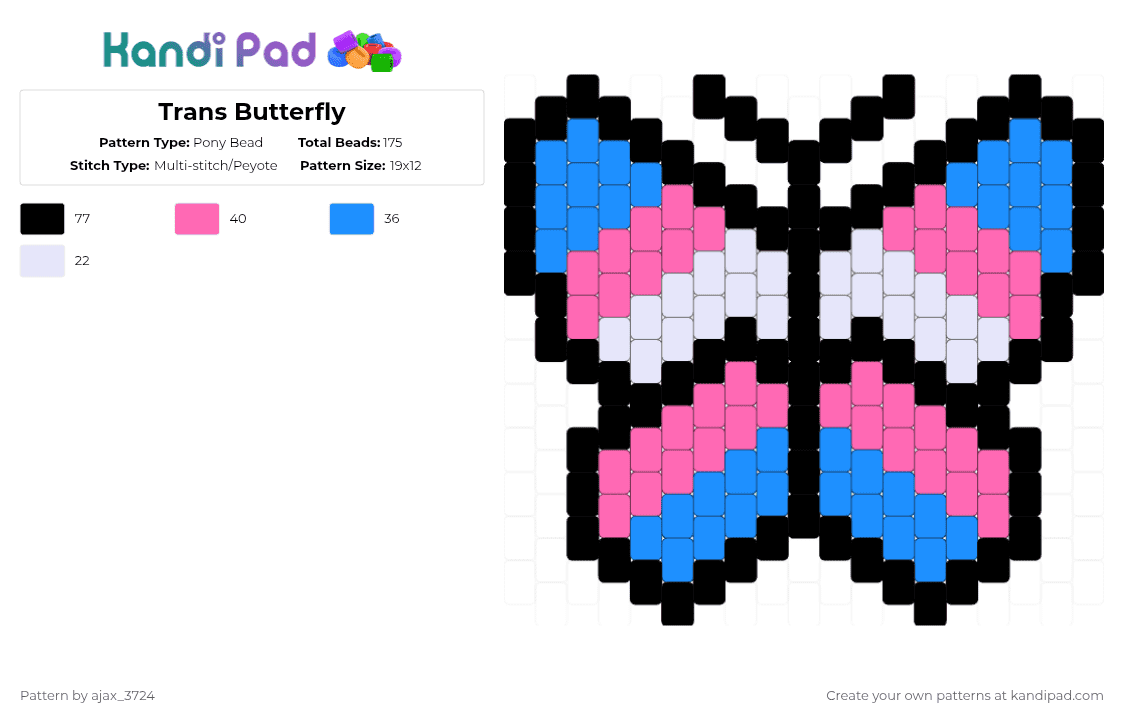 Trans Butterfly - Pony Bead Pattern by ajax_3724 on Kandi Pad - queer,butterfly,insect,blue,white,trans,pink,transgender
