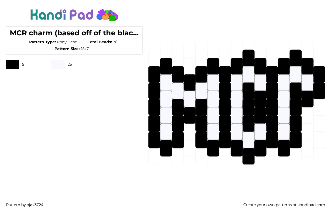 MCR charm (based off of the black parade) - Pony Bead Pattern by ajax_3724 on Kandi Pad - white,black