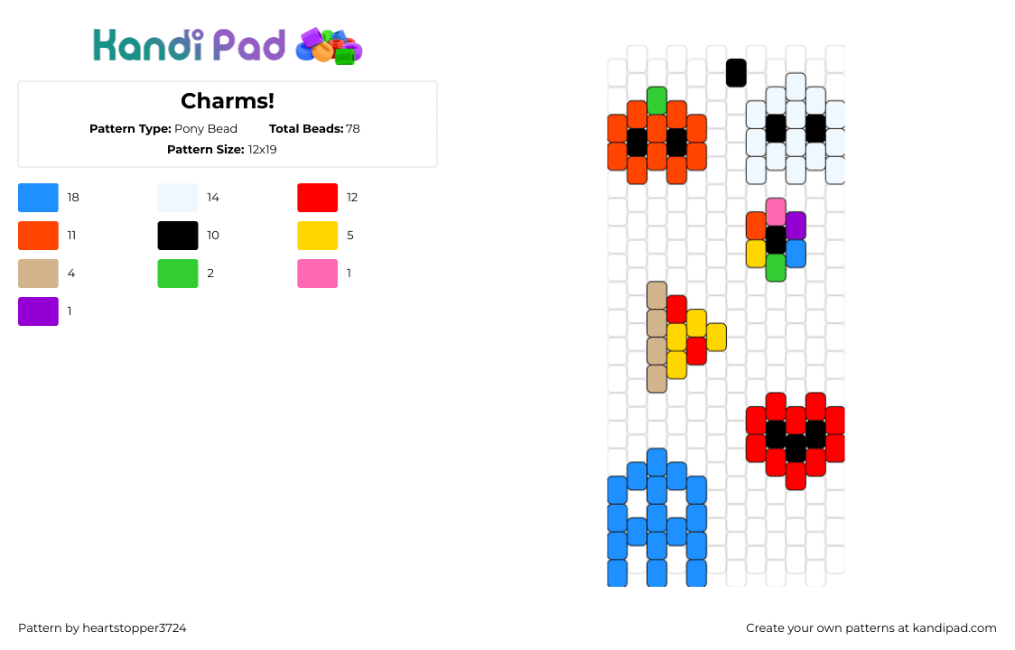 Charms! - Pony Bead Pattern by ajax3724 on Kandi Pad - charms,pizza,pumpkin,ghost,flower,heart,simple,colorful,orange,blue,red,white,yellow