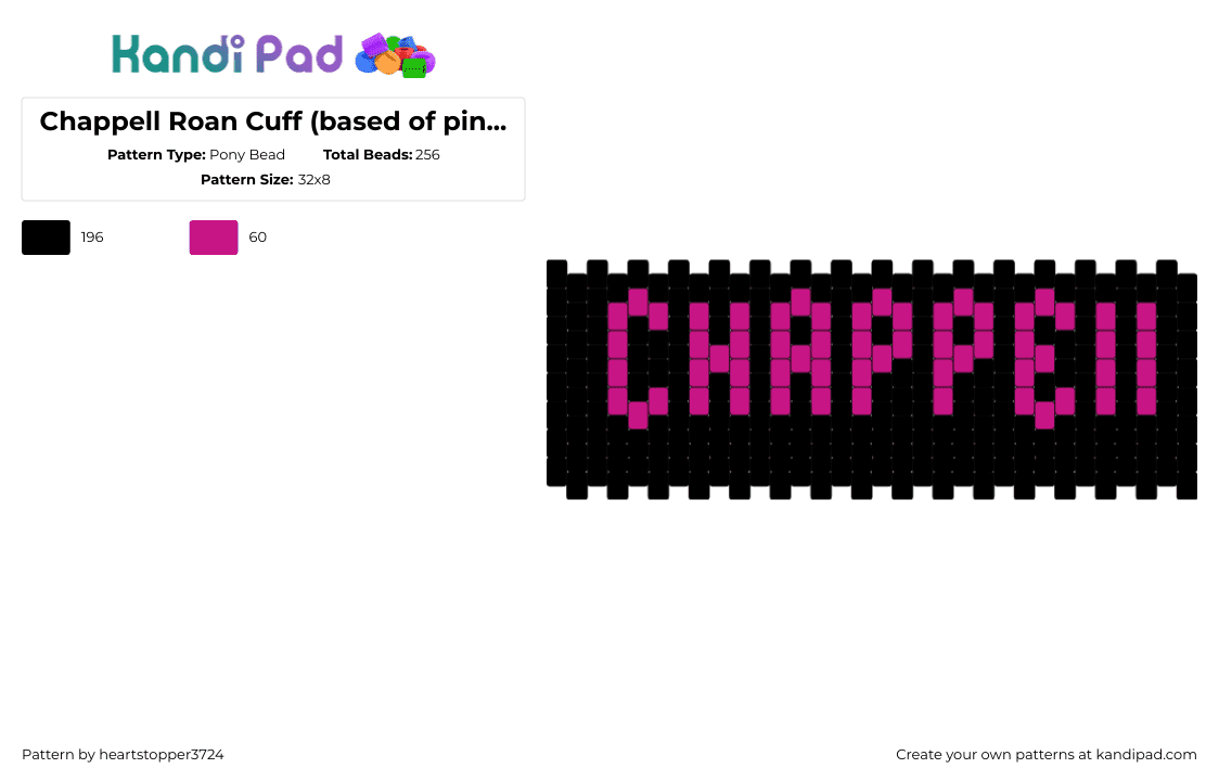 Chappell Roan Cuff (based of pink pony club) - Pony Bead Pattern by ajax3724 on Kandi Pad - chappell roan,text,music,cuff,pink,black