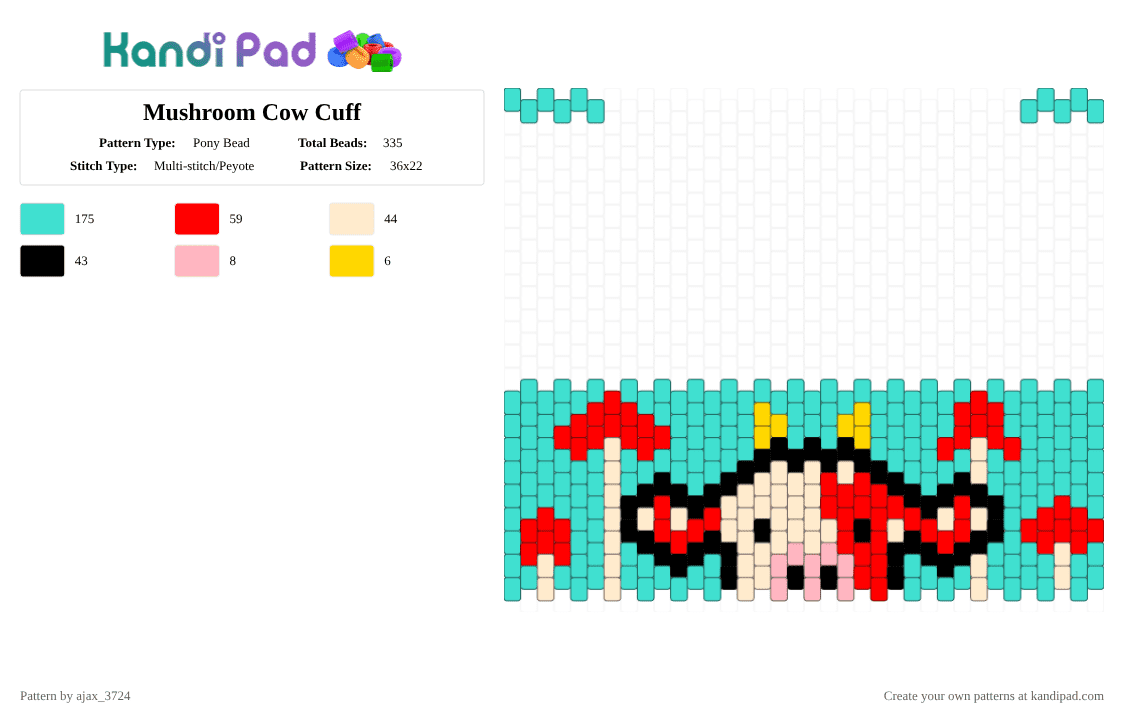 Mushroom Cow Cuff - Pony Bead Pattern by ajax_3724 on Kandi Pad - red,light blue,cow,mushroom