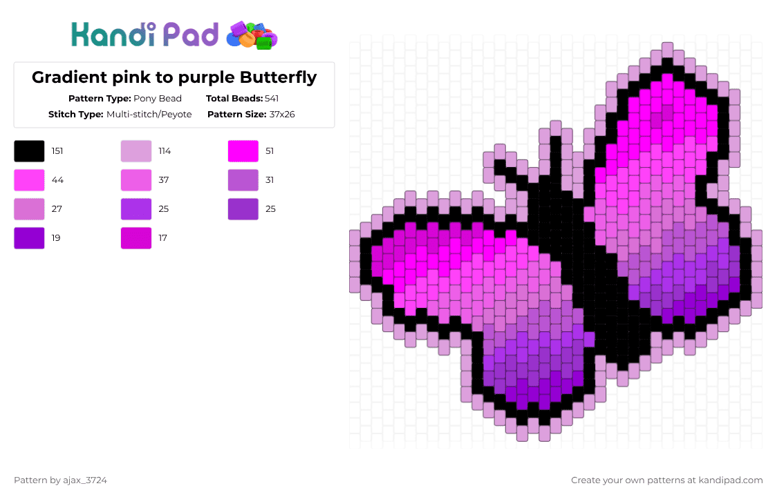 Gradient pink to purple Butterfly - Pony Bead Pattern by ajax_3724 on Kandi Pad - pink,butterfly,insect,gradient
