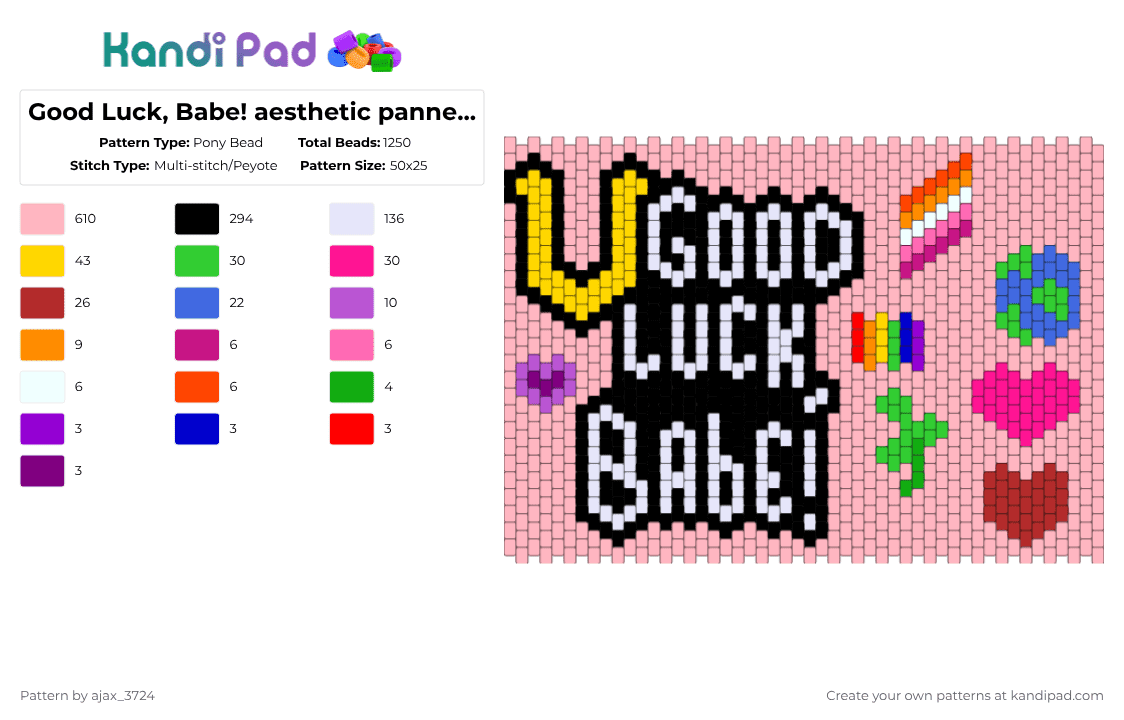 Good Luck, Babe! aesthetic pannel!!! - Pony Bead Pattern by ajax_3724 on Kandi Pad - pink,cotdluck,chappell roan,music,lesbian,pride,colorful,good luck babe