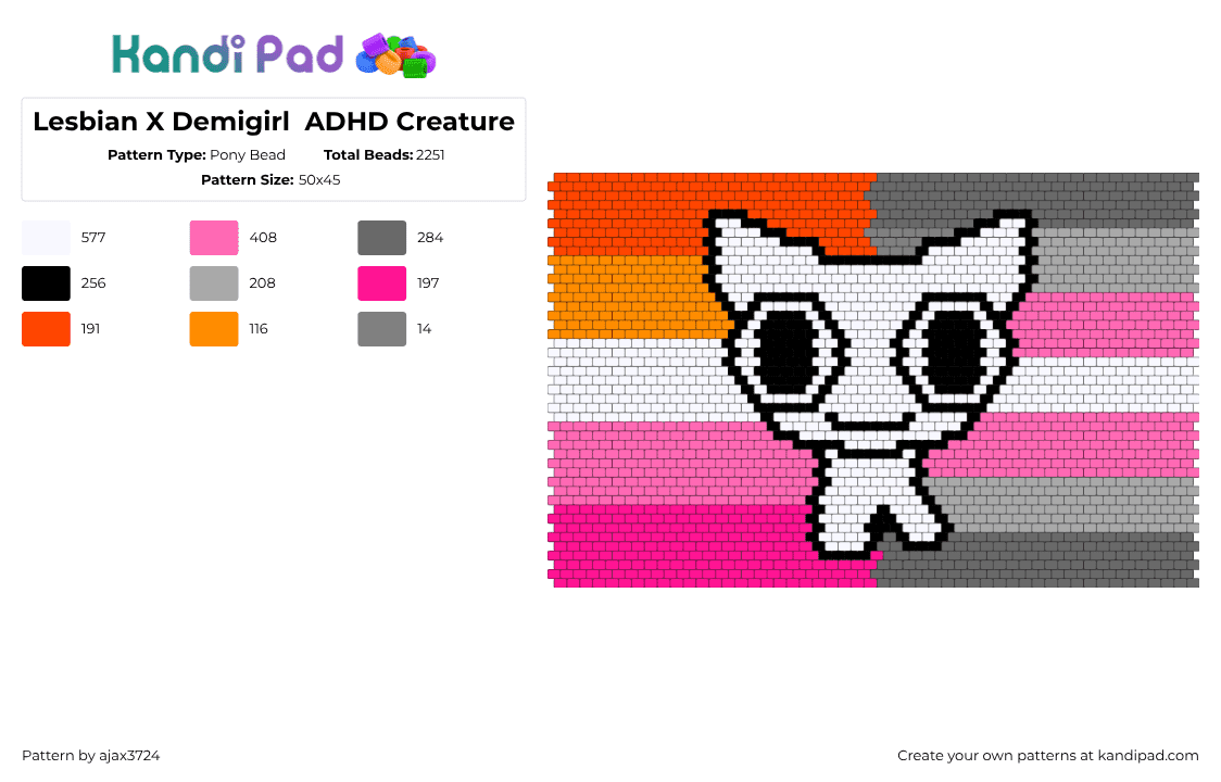 Lesbian X Demigirl  ADHD Creature - Pony Bead Pattern by ajax3724 on Kandi Pad - lesbian,demigirl,tbh,adhd,creature,pride,pink,orange,white,gray