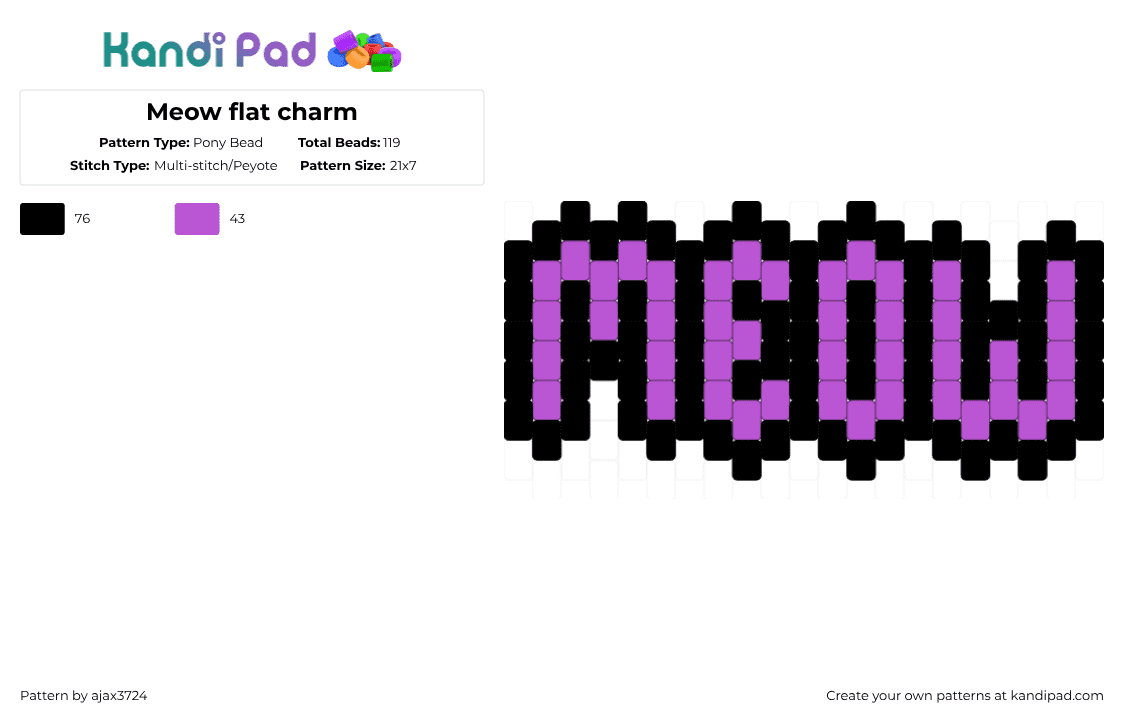Meow flat charm - Pony Bead Pattern by ajax_3724 on Kandi Pad - pink,black