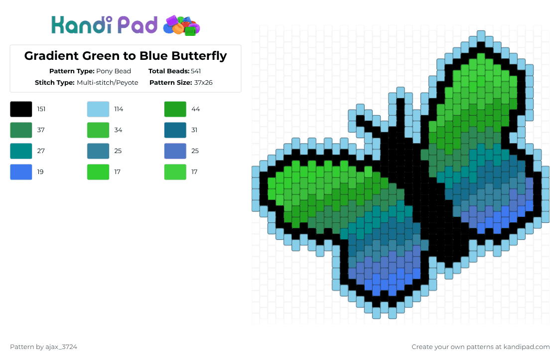 Gradient Green to Blue Butterfly - Pony Bead Pattern by ajax_3724 on Kandi Pad - green,light blue,blue,butterfly,insect,gradient