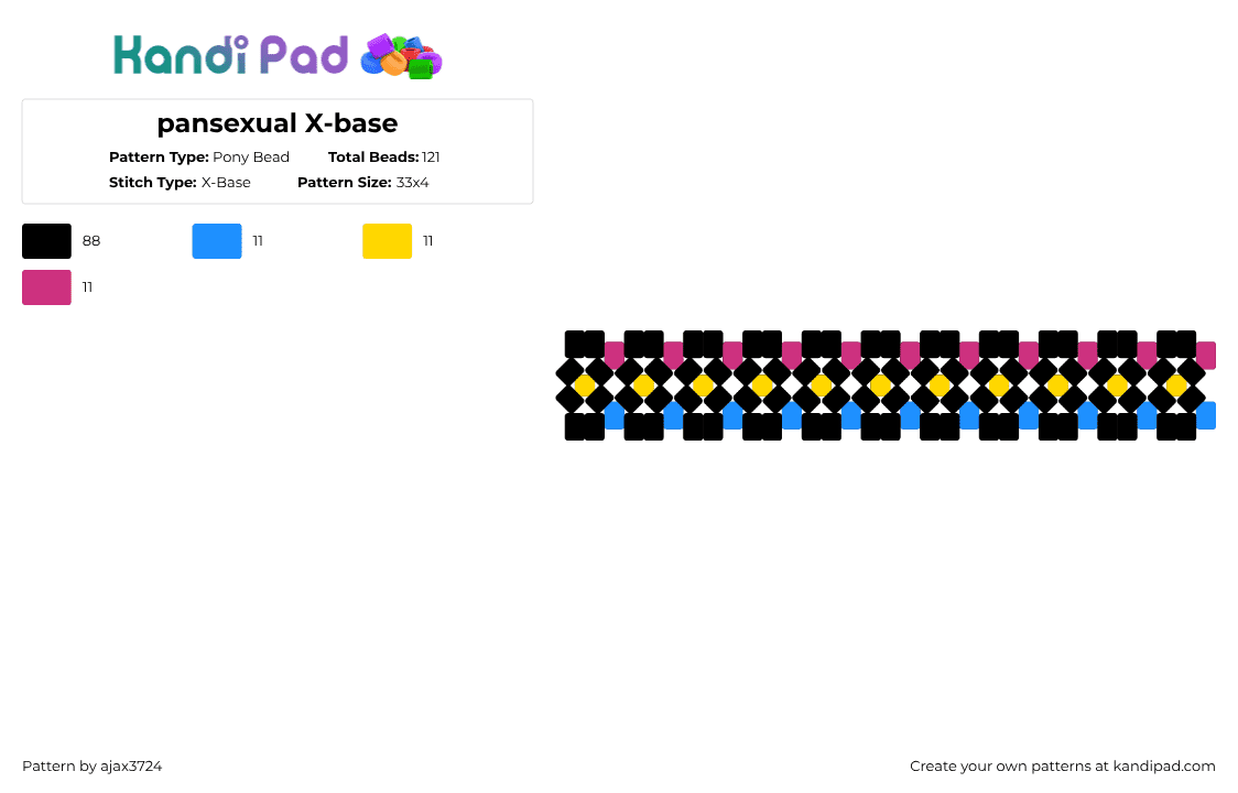 pansexual X-base - Pony Bead Pattern by ajax_3724 on Kandi Pad - black,light blue,yellow,pink