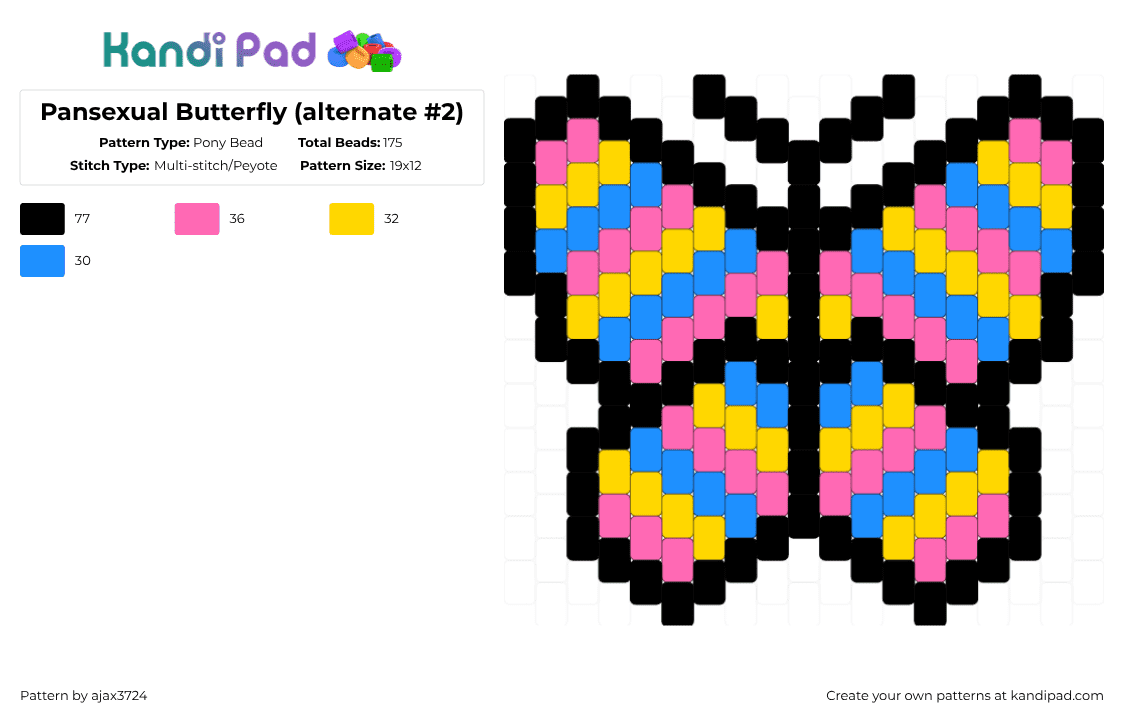 Pansexual Butterfly (alternate #2) - Pony Bead Pattern by ajax_3724 on Kandi Pad - yellow,pink
