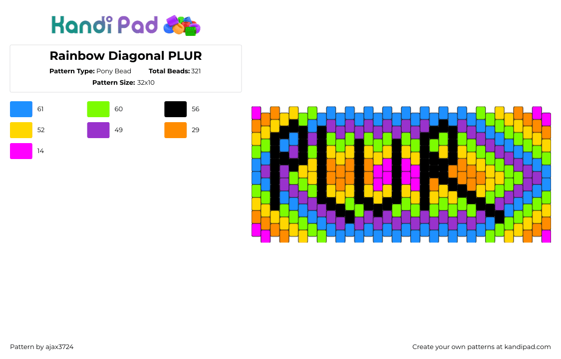 Rainbow Diagonal PLUR - Pony Bead Pattern by ajax3724 on Kandi Pad - plur,text,diamond,peace,love,unity,respect,rave,festival,colorful,cuff,purple