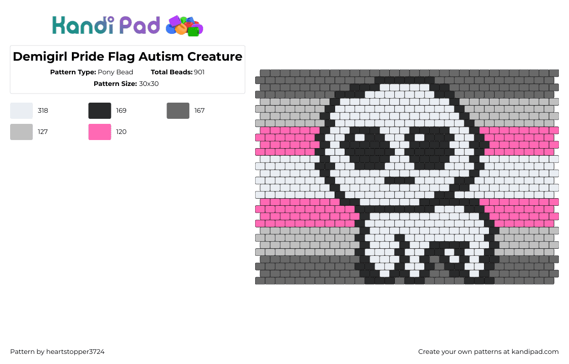 Demigirl Pride Flag Autism Creature - Pony Bead Pattern by ajax3724 on Kandi Pad - demigirl,autism,pride,yippee,flag,community,white,pink,gray