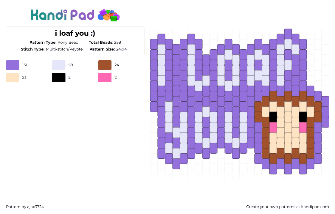i loaf you :) - Pony Bead Pattern by ajax_3724 on Kandi Pad - i loaf you,toast,bread,love,sign,charm,cute,food,purple