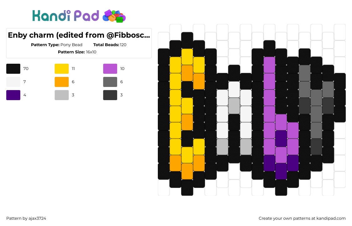 Enby charm (edited from @Fibboscribbles) - Pony Bead Pattern by ajax3724 on Kandi Pad - enby,nonbinary,pride,text,charm,yellow,white,purple,black