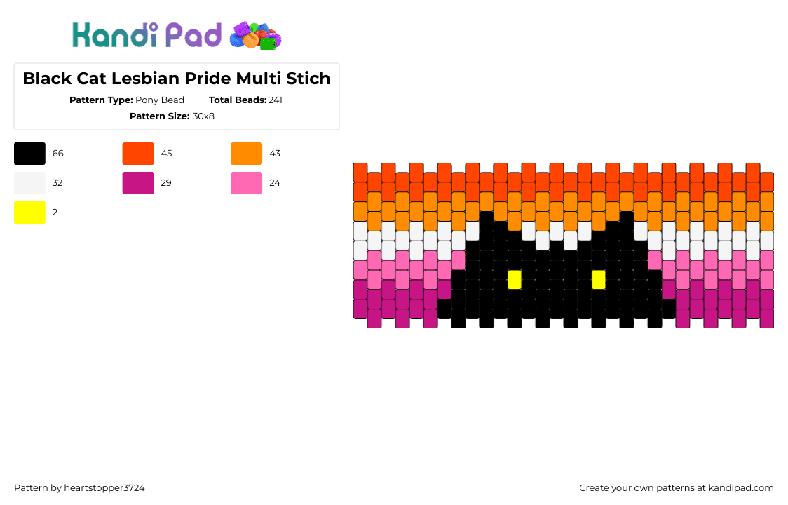 Black Cat Lesbian Pride Multi Stich - Pony Bead Pattern by heartstopper3724 on Kandi Pad - lesbian,pride,cat,silhouette,horizontal,stripes,pink,orange,black