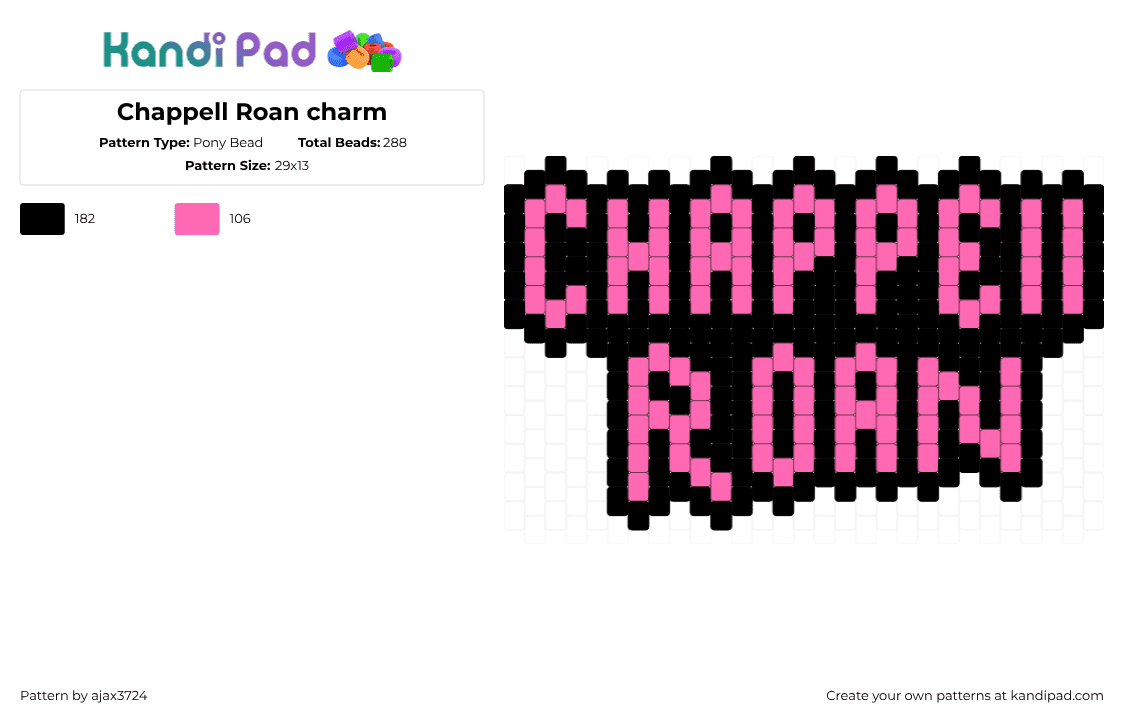 Chappell Roan charm - Pony Bead Pattern by ajax_3724 on Kandi Pad - pink,black
