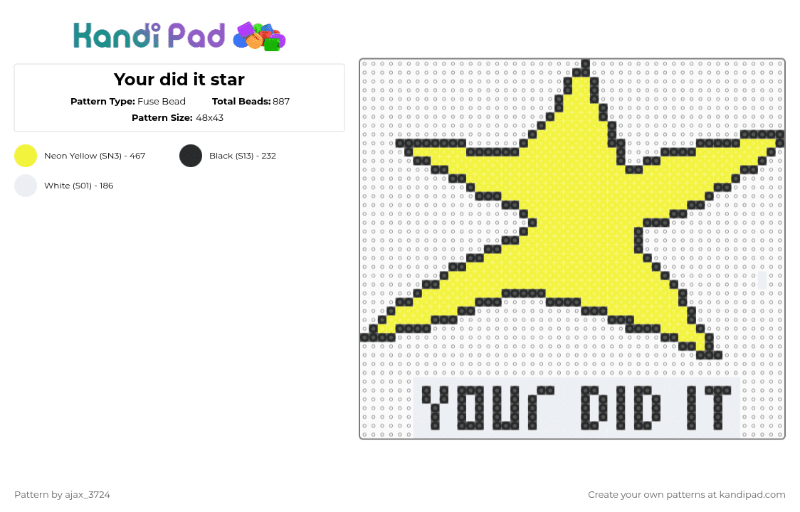 Your did it star - Fuse Bead Pattern by ajax_3724 on Kandi Pad - star,meme,fun,cute,yellow
