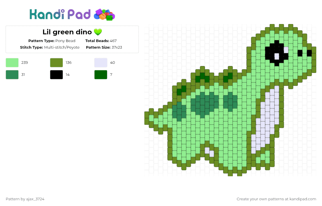 Lil green dino 💚 - Pony Bead Pattern by ajax_3724 on Kandi Pad - dinosaur,cute,charm,prehistoric,dino,animal,cartoon,green,teal