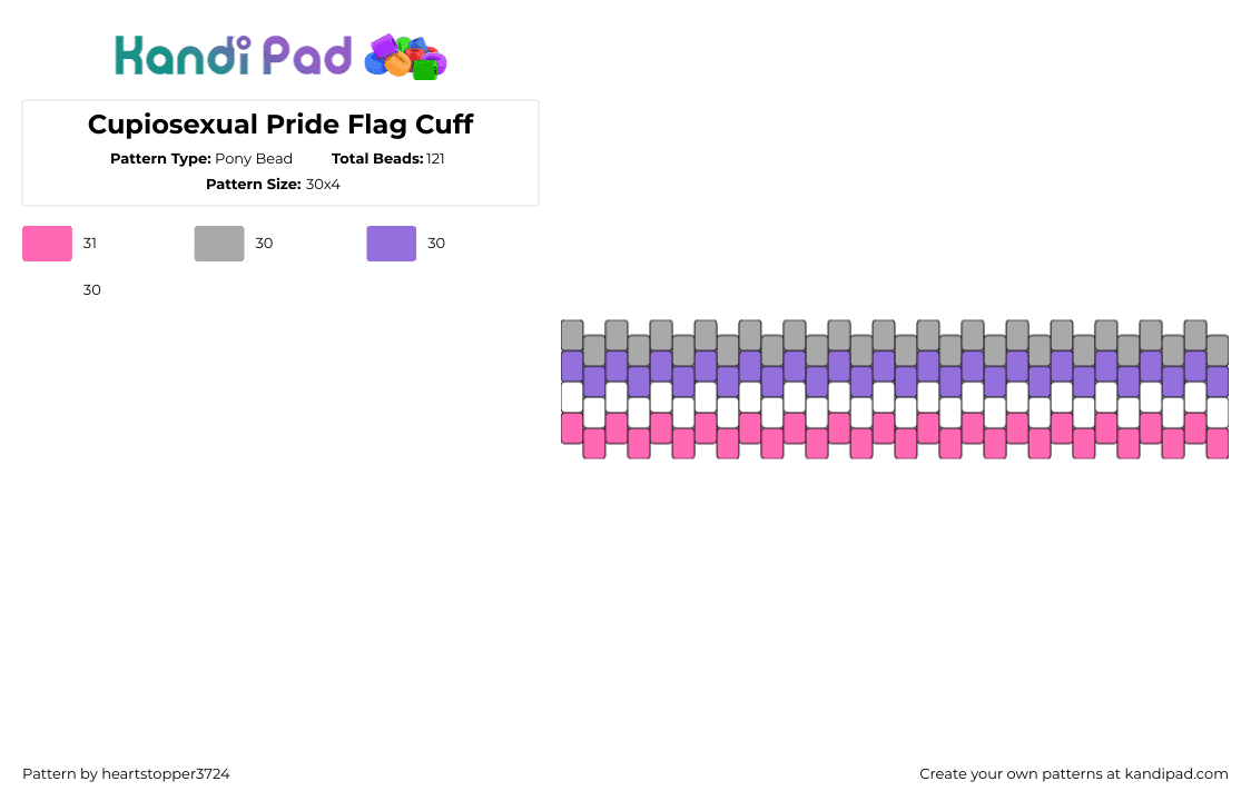 Cupiosexual Pride Flag Cuff - Pony Bead Pattern by heartstopper3724 on Kandi Pad - cupiosexual,pride,flag,community,bracelet,cuff,purple,pink