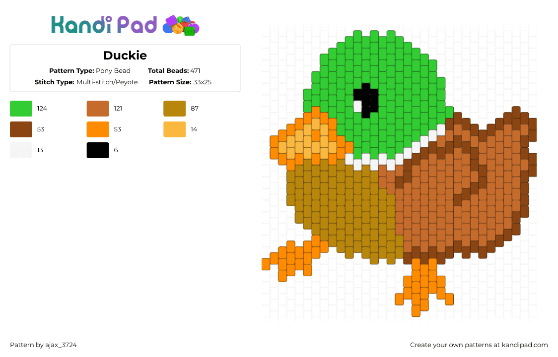 Duckie - Pony Bead Pattern by ajax_3724 on Kandi Pad - duck,bird,animal,cute,orange,green