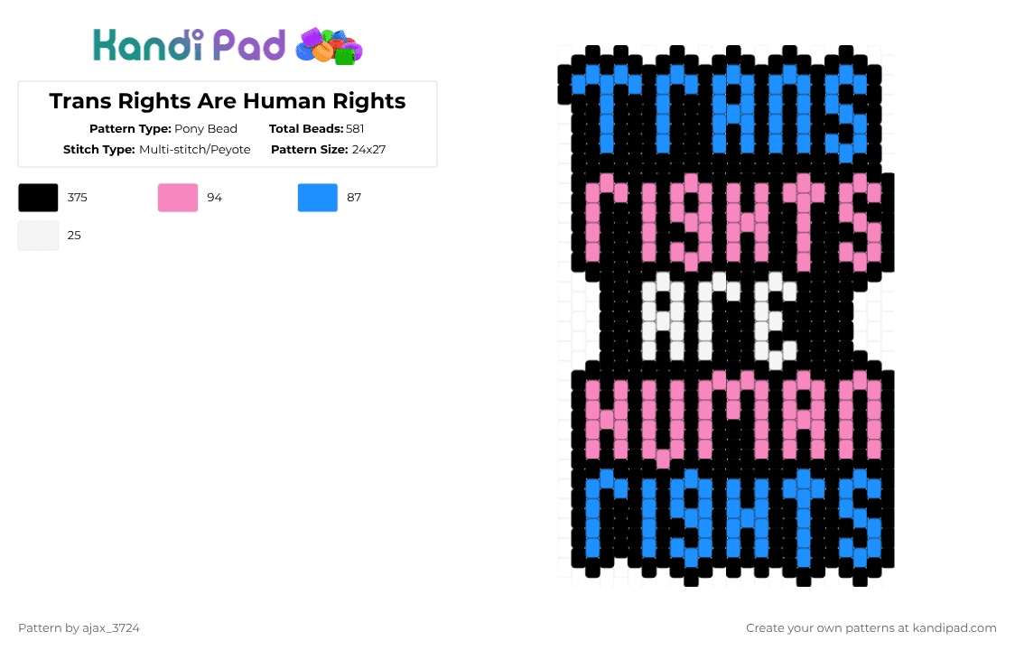 Trans Rights Are Human Rights - Pony Bead Pattern by ajax_05072 on Kandi Pad - black,light blue,pink