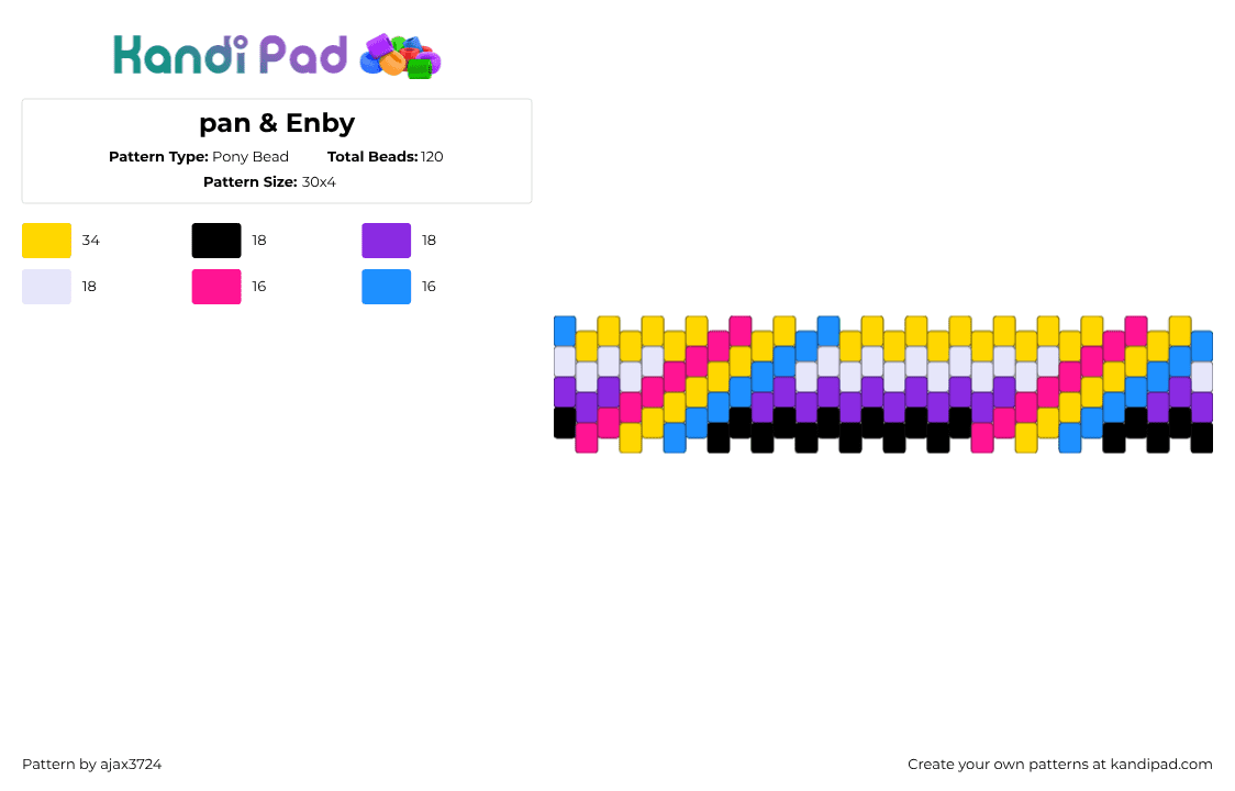 pan & Enby - Pony Bead Pattern by ajax3724 on Kandi Pad - pansexual,nonbinary,pride,colorful,bracelet,cuff,pink,yellow