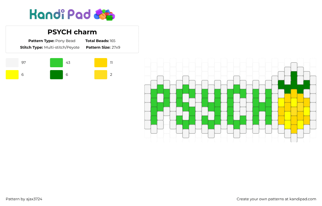 PSYCH charm - Pony Bead Pattern by ajax_05072 on Kandi Pad - white,green,yellow