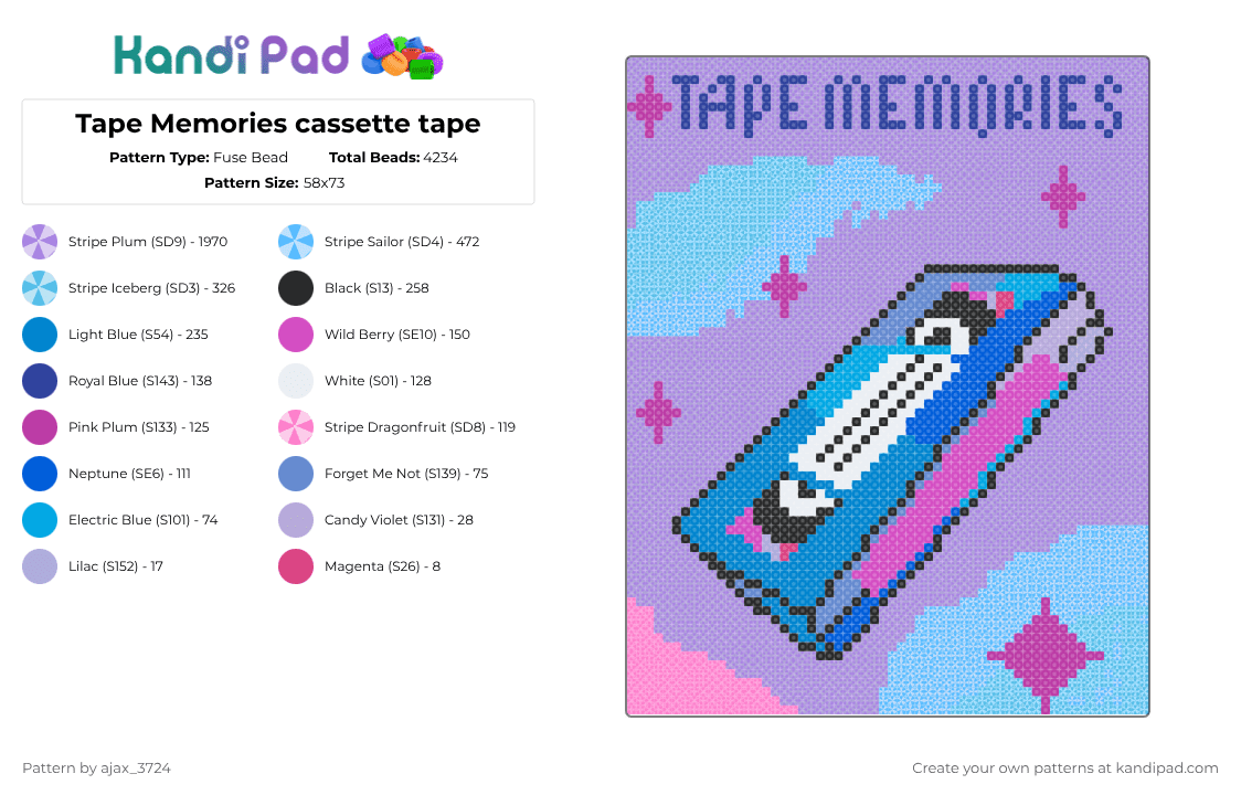 Tape Memories cassette tape - Fuse Bead Pattern by ajax_3724 on Kandi Pad - cassette,tape,retro,video,classic,panel,vintage,cool,object,pink,cotdretro,memories,cool colors
