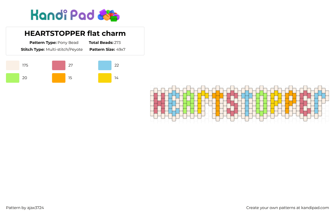 HEARTSTOPPER flat charm - Pony Bead Pattern by ajax_3724 on Kandi Pad - white,red,light blue,green
