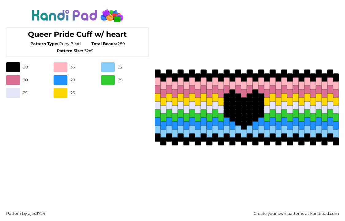 Queer Pride Cuff w/ heart - Pony Bead Pattern by ajax3724 on Kandi Pad - 