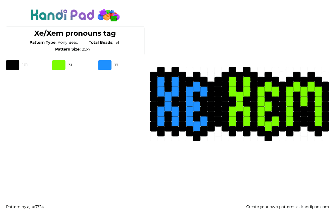 Xe/Xem pronouns tag - Pony Bead Pattern by ajax_3724 on Kandi Pad - black,light blue,green