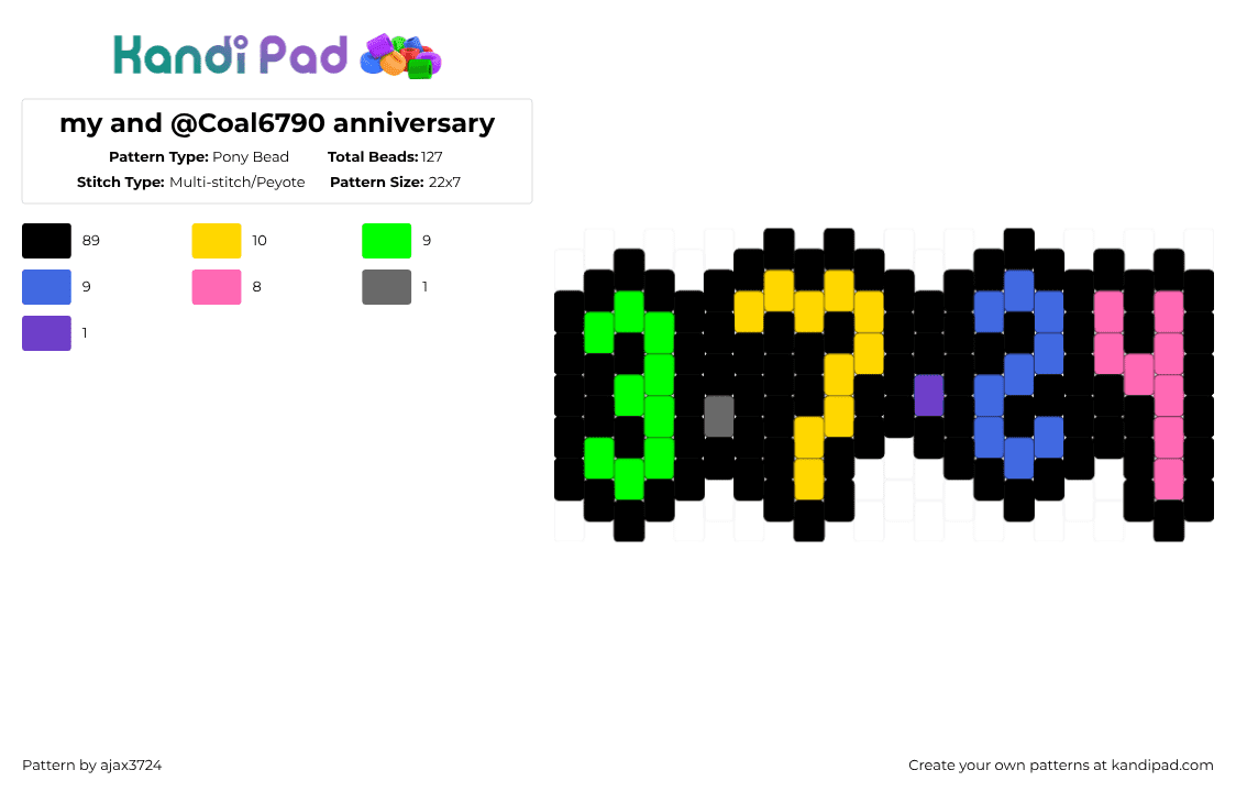 my and @Coal6790 anniversary - Pony Bead Pattern by ajax_3724 on Kandi Pad - black,green,yellow,blue,colorful