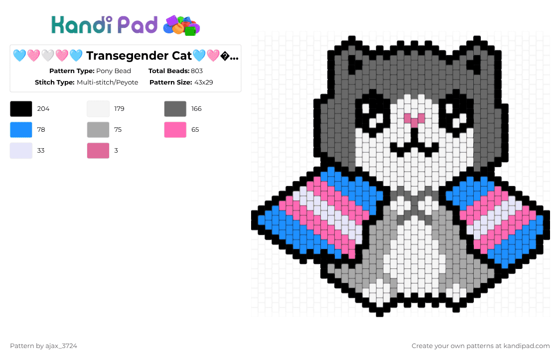 🩵🩷🤍🩷🩵 Transegender Cat🩵🩷🤍🩷🩵 - Pony Bead Pattern by ajax_3724 on Kandi Pad - gray,love,pride,cat,lgbtq,animal,transgender