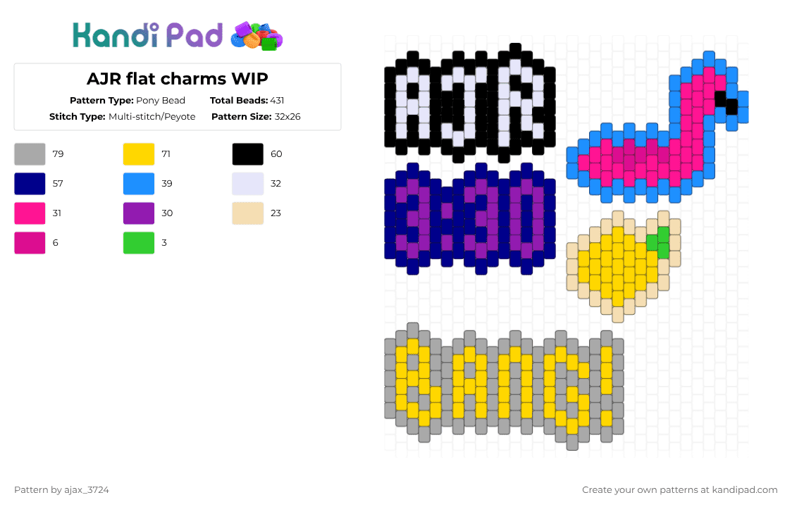 AJR flat charms WIP - Pony Bead Pattern by ajax_3724 on Kandi Pad - pink,purple,yellow,beige,ajr,music,album,band,charms