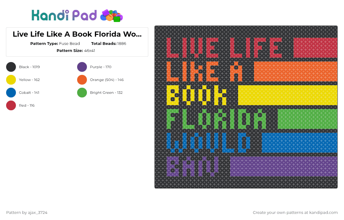 Live Life Like A Book Florida Would Ban - Fuse Bead Pattern by ajax_3724 on Kandi Pad - black,yellow,blue,colorful