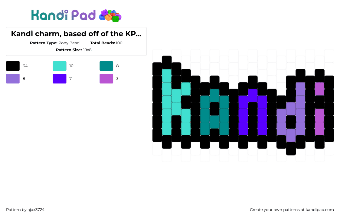 Kandi charm, based off of the KP logo - Pony Bead Pattern by ajax_3724 on Kandi Pad - black,light blue,purple