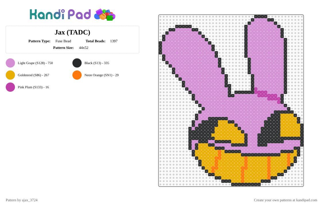 Jax (TADC) - Fuse Bead Pattern by ajax_3724 on Kandi Pad - pink,orange,tadc,jax,purple