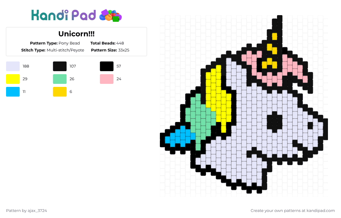 Unicorn!!! - Pony Bead Pattern by ajax_3724 on Kandi Pad - unicorn,charm,white,pink,yellow,teal