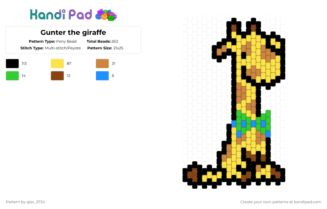 Gunter the giraffe - Pony Bead Pattern by ajax_3724 on Kandi Pad - yellow,orange