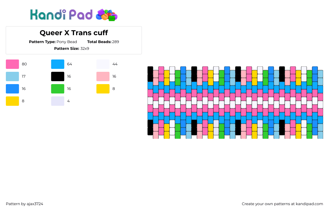 Queer X Trans cuff - Pony Bead Pattern by ajax3724 on Kandi Pad - queer,trans,pride,colorful,cuff,stripes,pink,light blue