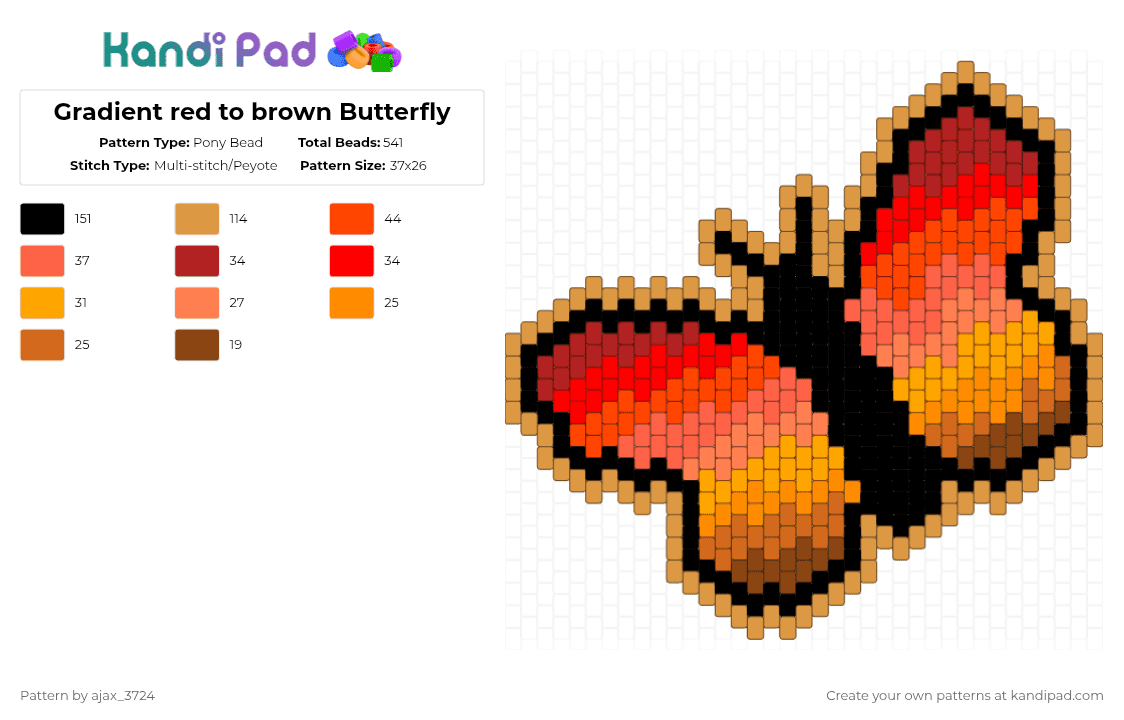 Gradient red to brown Butterfly - Pony Bead Pattern by ajax_05072 on Kandi Pad - brown, butterfly, gradient, insect, orange, red