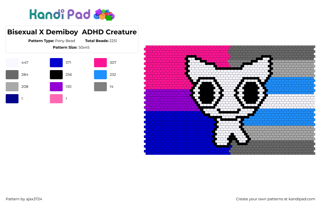 Bisexual X Demiboy  ADHD Creature - Pony Bead Pattern by ajax3724 on Kandi Pad - gray,pink,purple