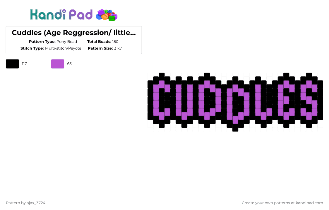 Cuddles (Age Reggression/ little space) flat charm - Pony Bead Pattern by ajax_3724 on Kandi Pad - pink,black