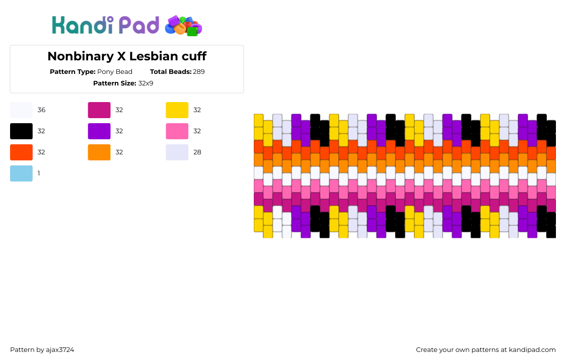 Nonbinary X Lesbian cuff - Pony Bead Pattern by ajax3724 on Kandi Pad - nonbinary,lesbian,pride,colorful,cuff,pink,orange,white,purple,yellow