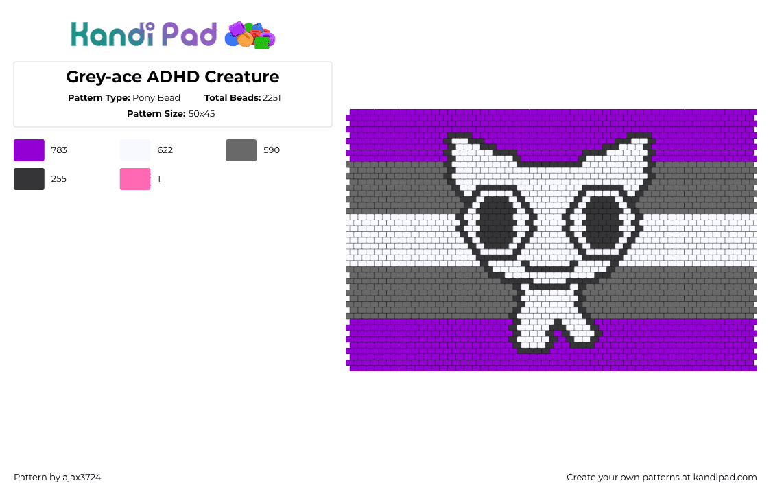 Grey-ace ADHD Creature - Pony Bead Pattern by ajax3724 on Kandi Pad - greyace,tbh,adhd,pride,creature,panel,white,gray,purple