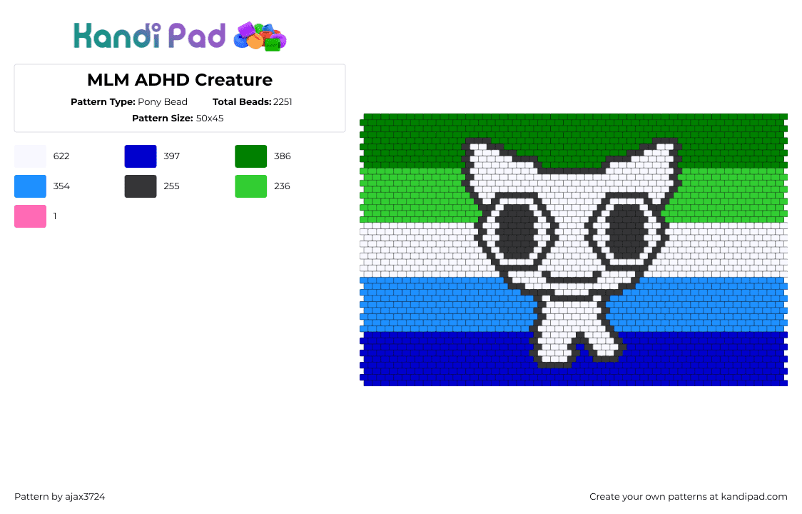 MLM ADHD Creature - Pony Bead Pattern by ajax3724 on Kandi Pad - mlm,tbh,adhd,gay,pride,creature,panel,colorful,white,green,blue