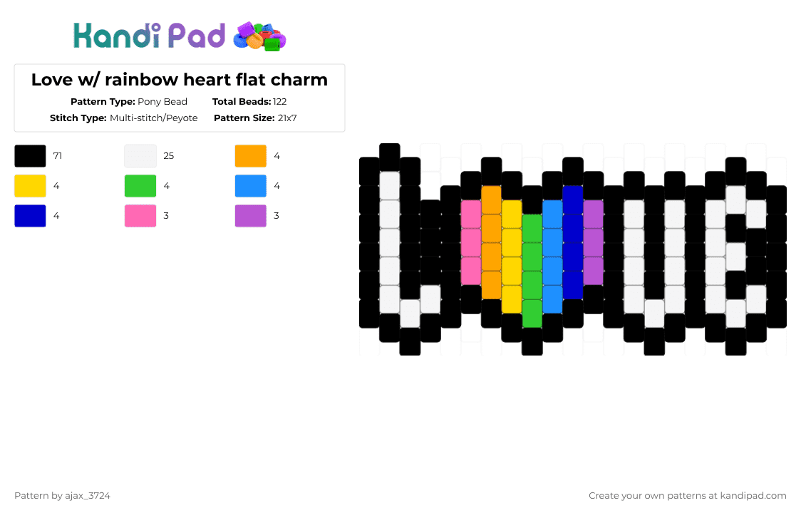 Love w/ rainbow heart flat charm - Pony Bead Pattern by ajax_3724 on Kandi Pad - black,white,pink,yellow,light blue,colorful,pride,love,cute