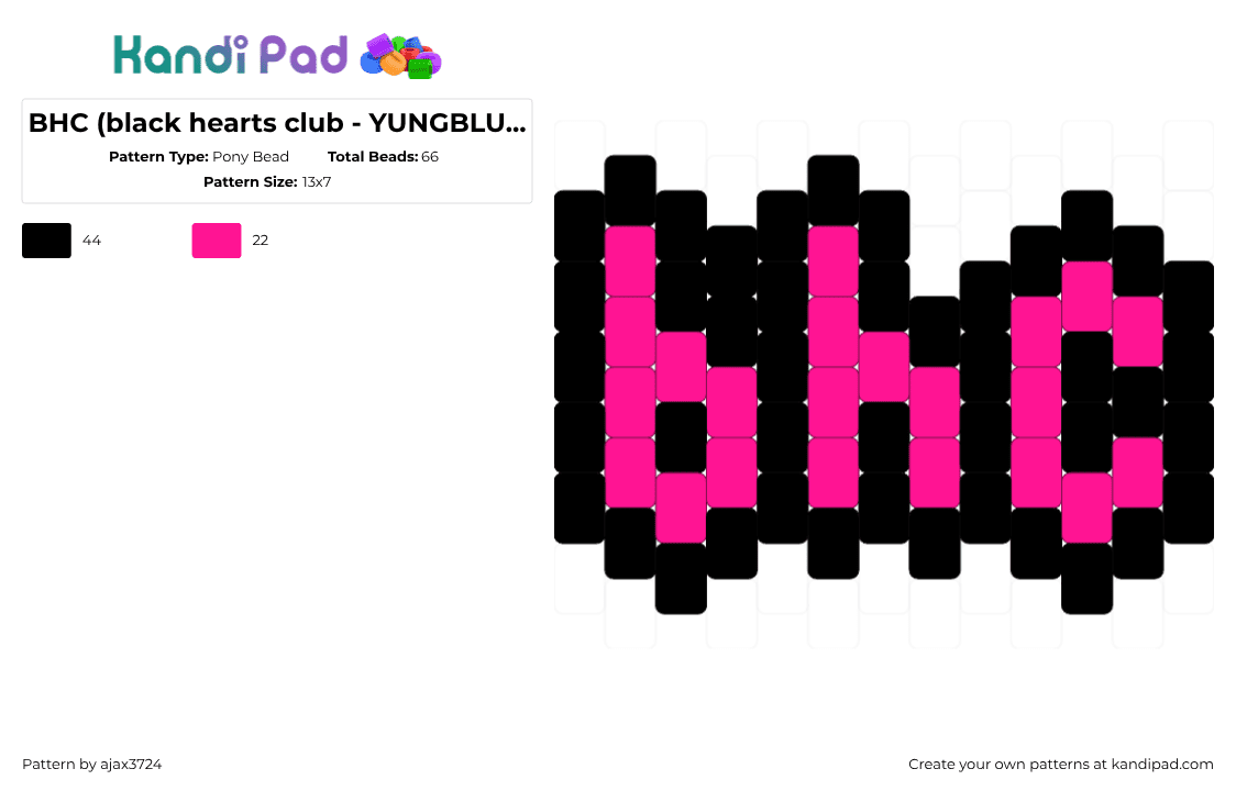 BHC (black hearts club - YUNGBLUD) charm - Pony Bead Pattern by ajax_3724 on Kandi Pad - pink,black