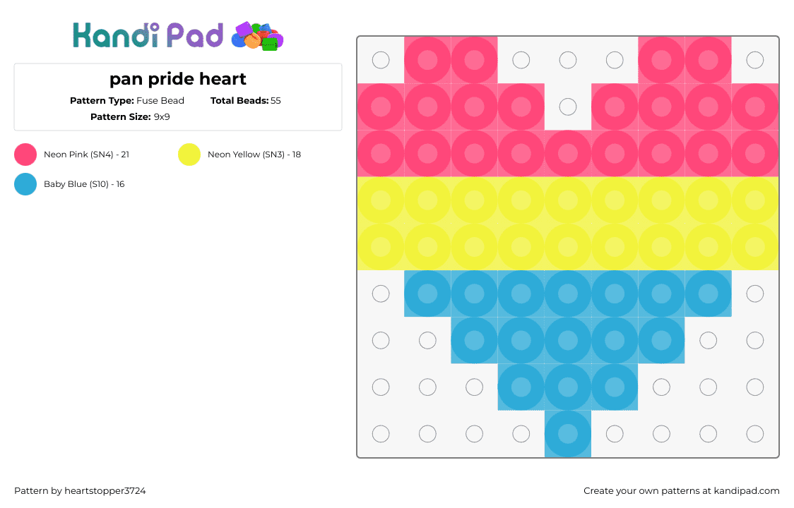 pan pride heart - Fuse Bead Pattern by heartstopper3724 on Kandi Pad - pansexual,heart,pride,love,community,bright,pink,yellow,light blue