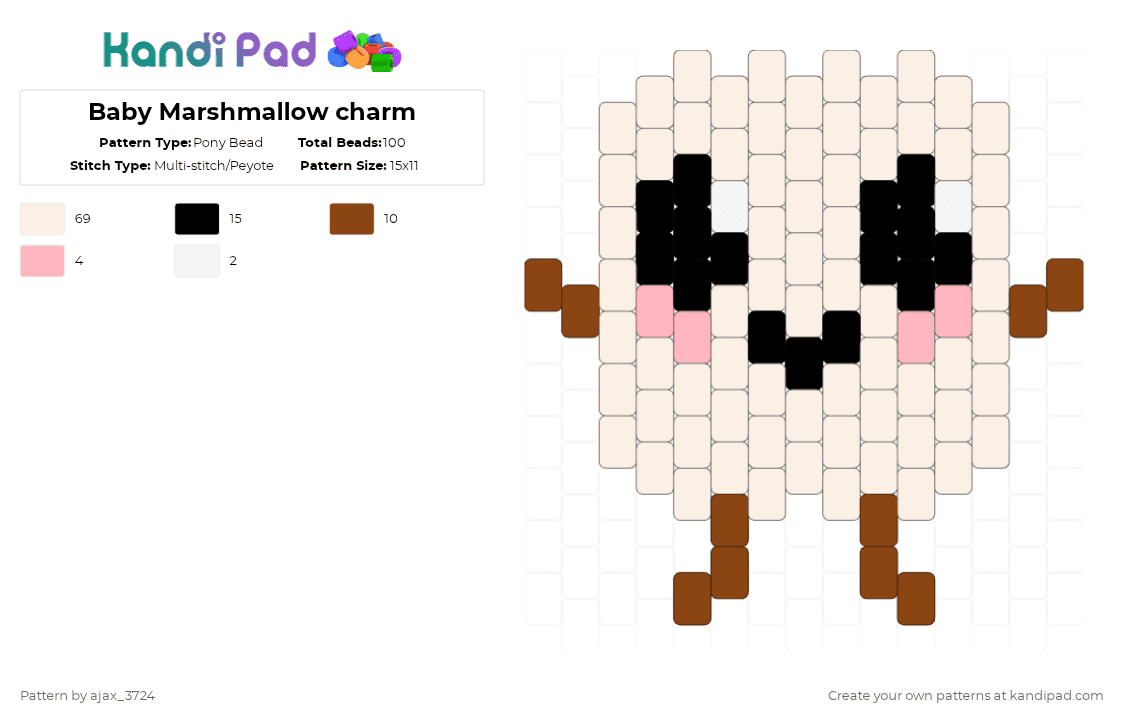 Baby Marshmallow charm - Pony Bead Pattern by ajax_3724 on Kandi Pad - marshmallow,baby,cute,campfire,kawaii,character,food,white,pink,red