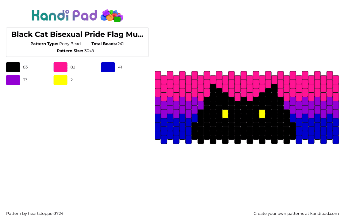 Black Cat Bisexual Pride Flag Multi Stich - Pony Bead Pattern by heartstopper3724 on Kandi Pad - bisexual,pride,cat,silhouette,horizontal,stripes,pink,blue,black